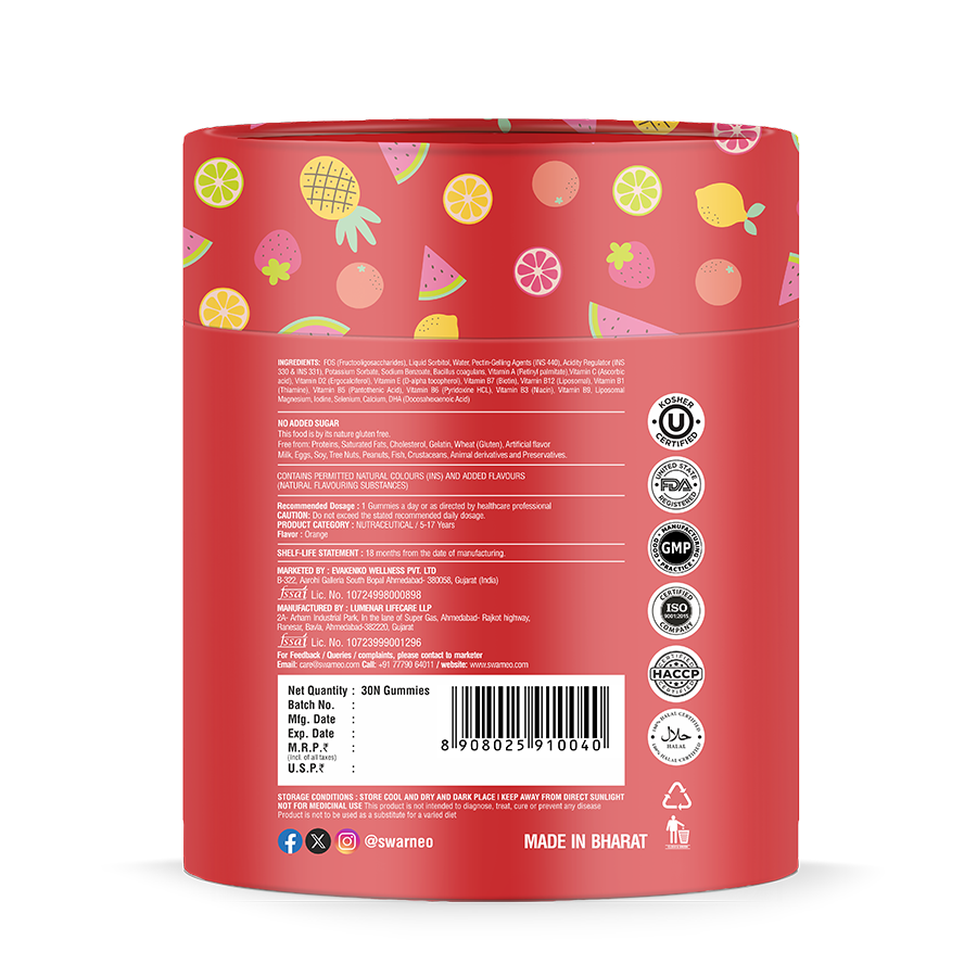 Kids multivitamin gummies with liposomal Vitamin C, flaxseed-based DHA, probiotics, and tricalcium phosphate for complete support.