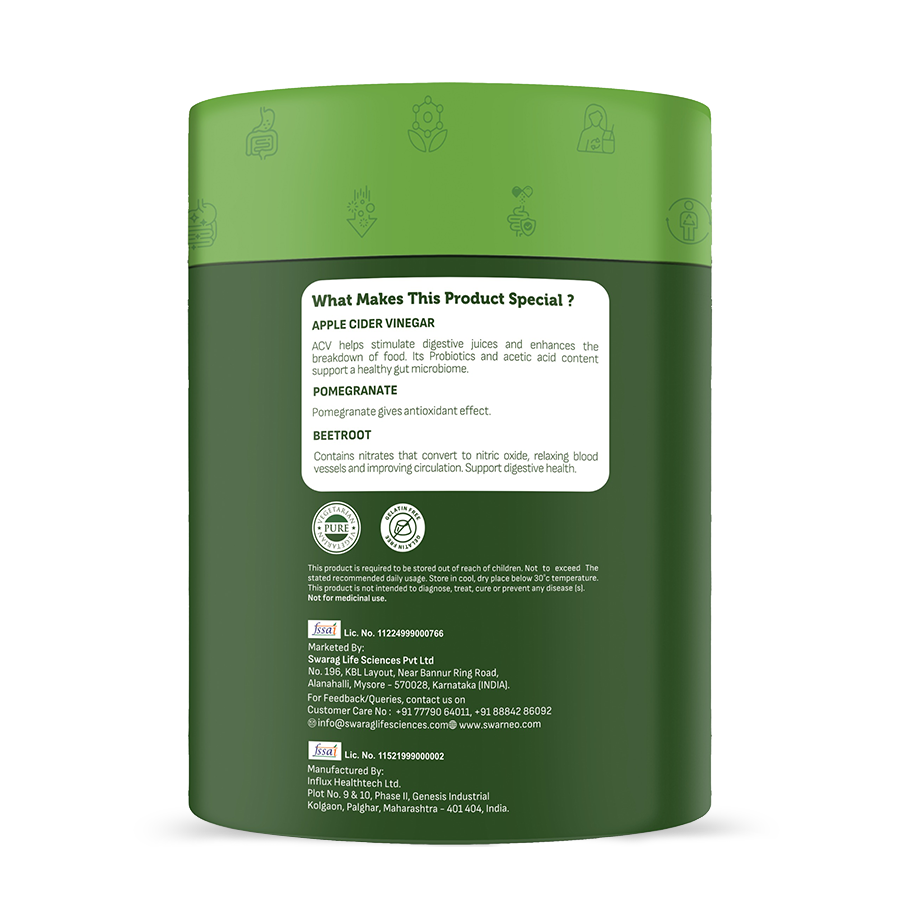Wellness gummies for everyday use – 30 apple-flavored Apple Cider Vinegar gummies by Swarneo to support a healthy lifestyle.