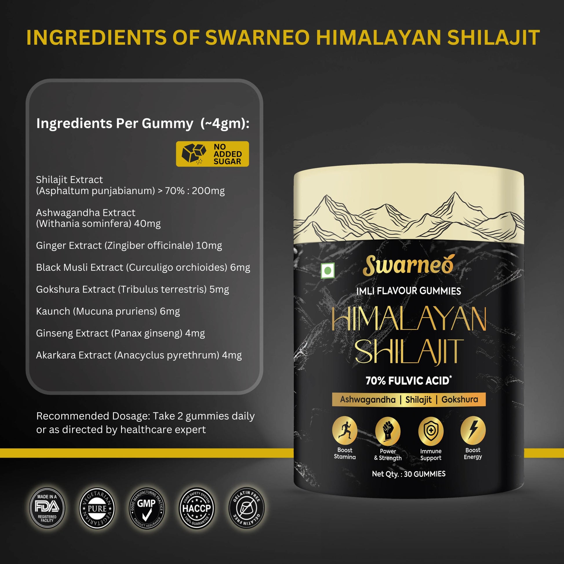 Ayurvedic power blend in gummy form – Swarneo Shilajit with traditional herbs for energy and balance.