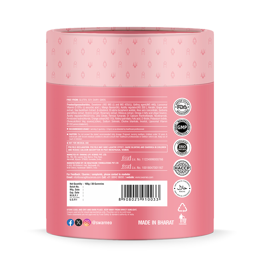 Berry-flavored beauty gummies by Swarneo – packed with biotin, collagen, and antioxidants for enhanced skin and hair health.