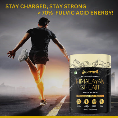 Shilajit Gummies infused with 70% Fulvic Acid, Ashwagandha, Gokshura, and Safed Musli – herbal blend for men's wellness.