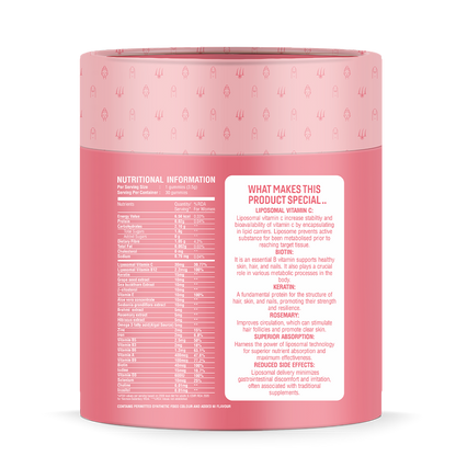 Convenient daily supplement – Swarneo Hair, Skin & Nails Gummies with essential nutrients for outer beauty and inner health.