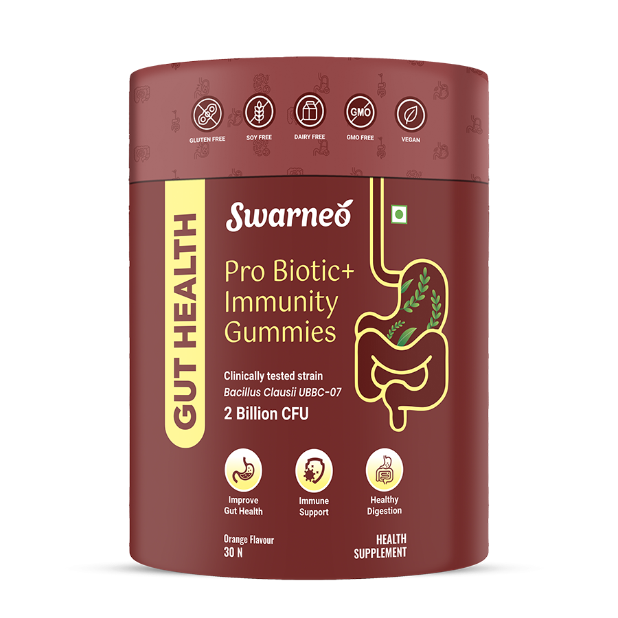Swarneo Probiotic Gummies – Pack of 30 fruit-flavored gummies with live cultures for gut health and digestion support.