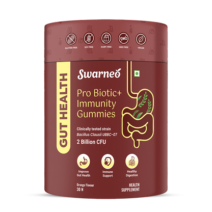 Swarneo Probiotic Gummies – Pack of 30 fruit-flavored gummies with live cultures for gut health and digestion support.
