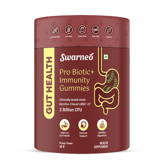 Swarneo Probiotic Gummies – Pack of 30 fruit-flavored gummies with live cultures for gut health and digestion support.