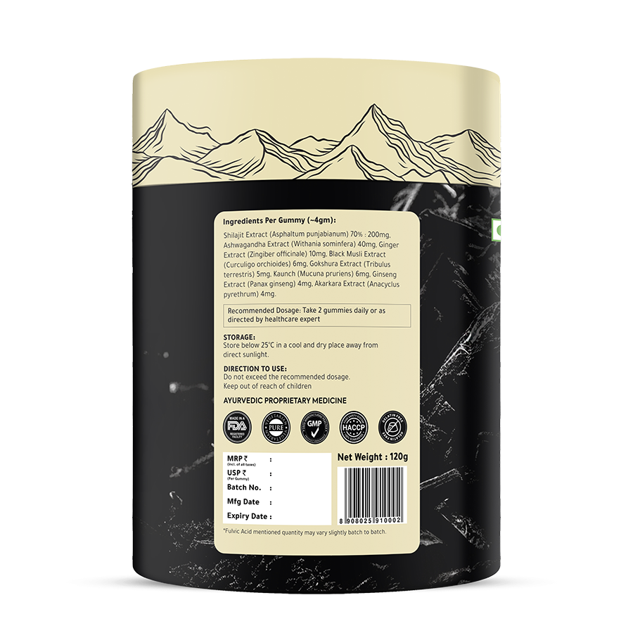 Box of Swarneo Himalayan Shilajit Gummies featuring natural energy-boosting ingredients in a convenient gummy form