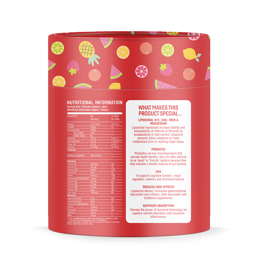 30-count pack of kid-friendly multivitamin gummies – supports growing bodies with probiotics, brain-boosting DHA, and bone-strengthening calcium.