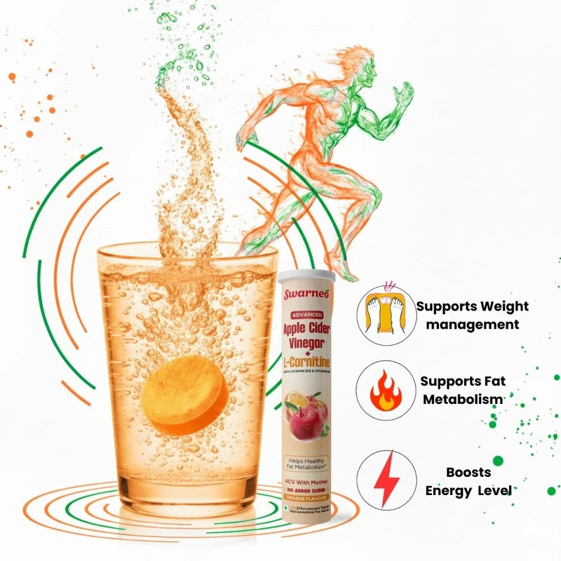 Swarneo Apple Cider Vinegar + L-Carnitine supplement tube beside a glass of orange effervescent drink, with an orange tablet dissolving and a subtle running figure. Clean white background with product-focused callouts highlighting ACV, L-Carnitine, Vitamin B6 & B12, Energy & Stamina, and Healthy Fat Metabolism.