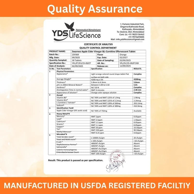 Swarneo Apple Cider Vinegar with L-Carnitine supplement alongside a YDS LifeScience quality control document featuring product details and manufacturing information.