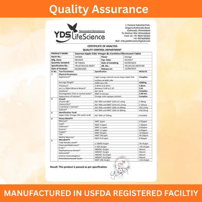 Swarneo Apple Cider Vinegar with L-Carnitine supplement alongside a YDS LifeScience quality control document featuring product details and manufacturing information.