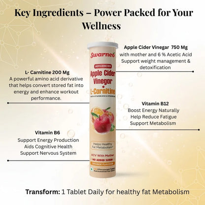 Swarneo Advanced Apple Cider Vinegar with L-Carnitine supplement packaging on a beige background, featuring product ingredients and key benefits.