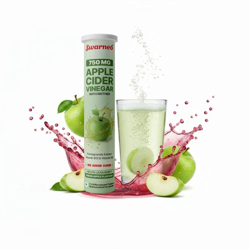 Swarneo Apple Cider Vinegar 750 mg effervescent tablets with pomegranate, Vitamin B6, and Vitamin B12 for daily wellness support.