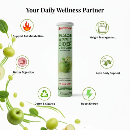 A tube of Swarneo Apple Cider Vinegar dietary supplement centered on a white background, surrounded by green apple graphics and text callouts about health benefits including support fat metabolism, weight management, better digestion, lean body support, detox & cleanse, and boost energy.