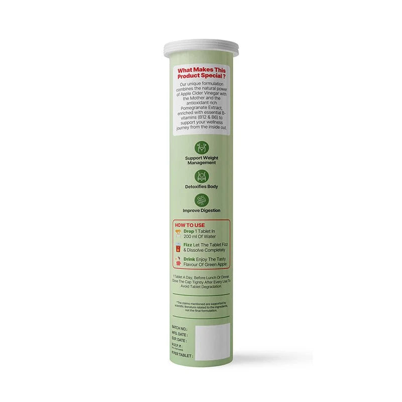 Swarneo Apple Cider Vinegar supplement tablets with pomegranate extract, Vitamin B12, Vitamin B6, and no added sugar.