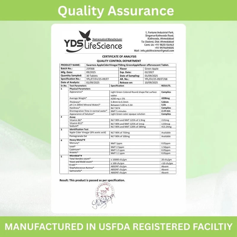 A USFDA quality assurance certificate and analysis report for YDS LifeScience Ammonium Tetracloride tablets, displayed on a white document template with a green header and footer banner. Swarneo ACV 750 mg effervescent tablets in green apple flavour with pomegranate extract and vitamins B6 and B12.