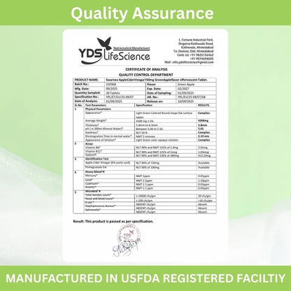 A USFDA quality assurance certificate and analysis report for YDS LifeScience Ammonium Tetracloride tablets, displayed on a white document template with a green header and footer banner. Swarneo ACV 750 mg effervescent tablets in green apple flavour with pomegranate extract and vitamins B6 and B12.