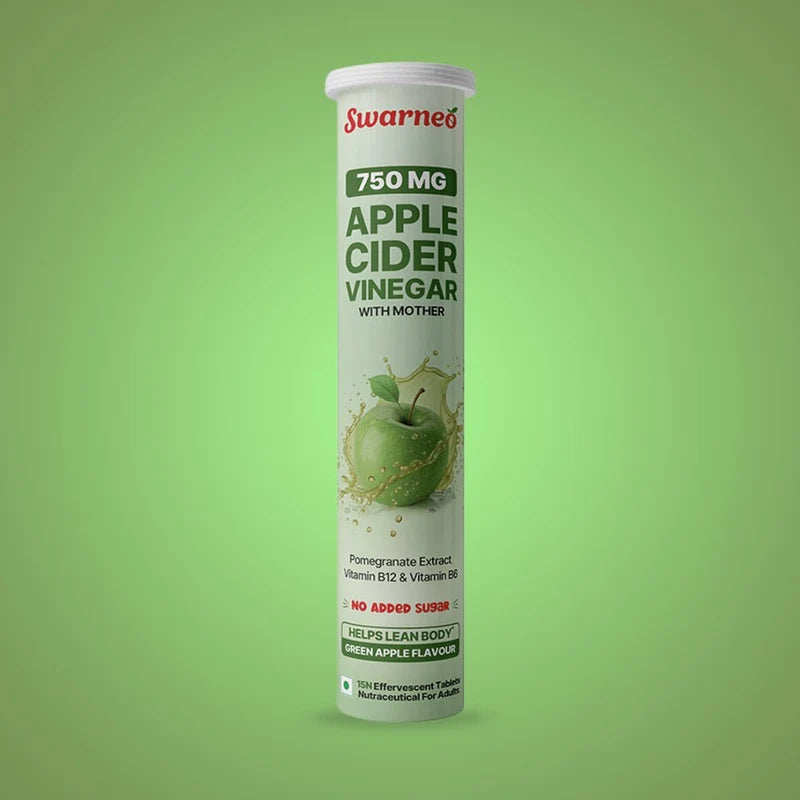 Swarneo Apple Cider Vinegar 750 mg effervescent tablets with pomegranate extract, vitamins B6 and B12, and green apple flavour.