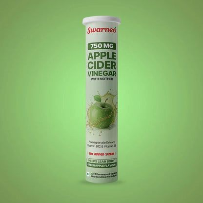 Swarneo Apple Cider Vinegar 750 mg effervescent tablets with pomegranate extract, vitamins B6 and B12, and green apple flavour.
