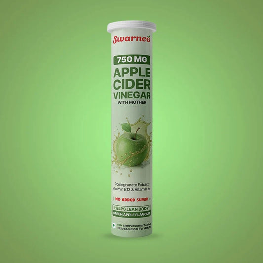 Swarneo Apple Cider Vinegar 750 mg effervescent tablets with pomegranate extract, vitamins B6 and B12, and green apple flavour.