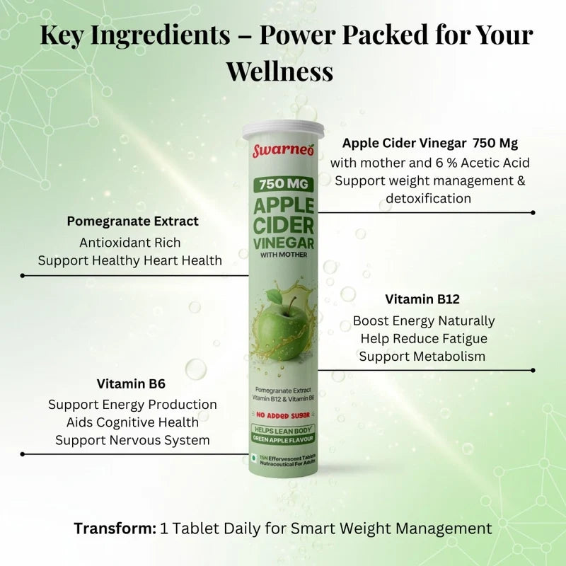 A product infographic for Swarned Apple Cider Vinegar 750 Mg tablets. Ingredients: Apple Cider Vinegar, Pomegranate Extract, Vitamin B12, and Vitamin B6.