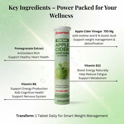 A product infographic for Swarned Apple Cider Vinegar 750 Mg tablets. Ingredients: Apple Cider Vinegar, Pomegranate Extract, Vitamin B12, and Vitamin B6.