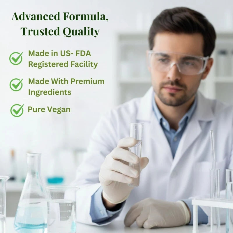 Swarneo Apple Cider Vinegar 750 mg effervescent tablets with pomegranate, Vitamin B6, and Vitamin B12 for daily wellness support. Person in a lab setting with text about product quality and ingredients