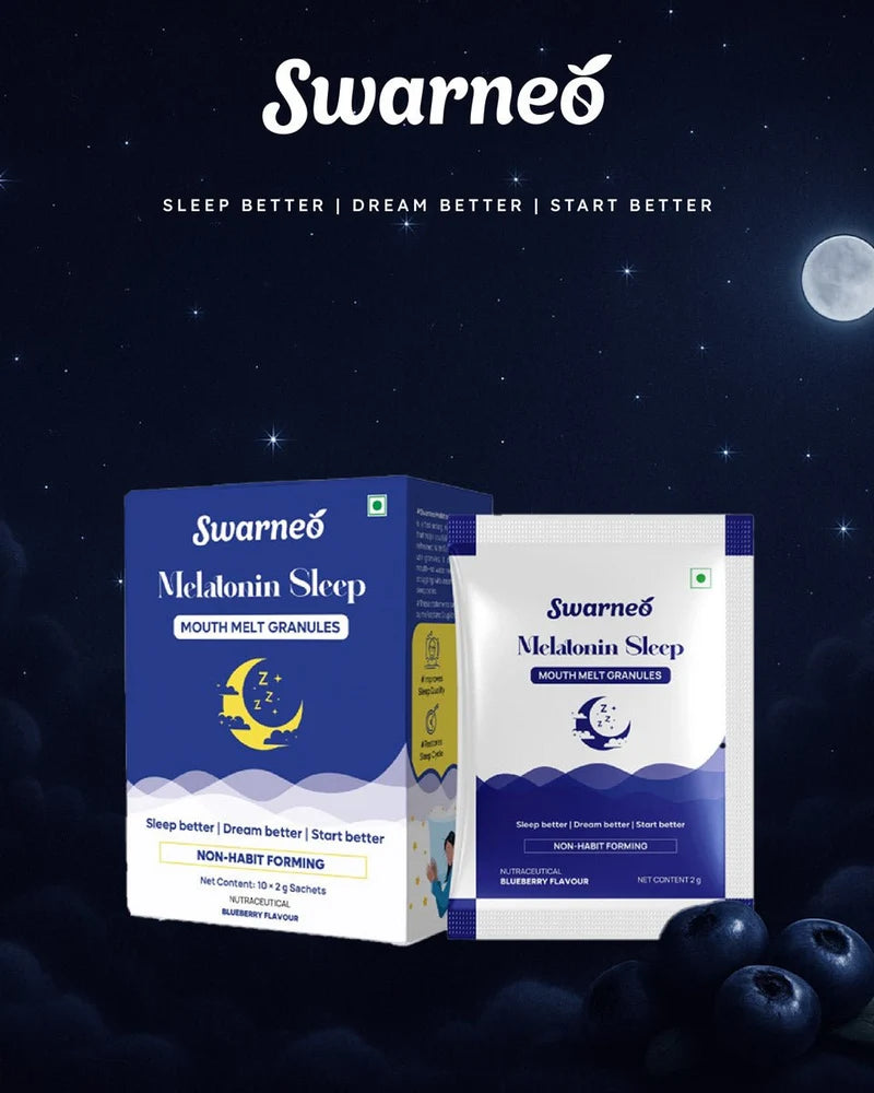 Swarneo Melatonin Sleep products 10mg Melatonin per Sachet – High-potency melatonin to support a healthy sleep-wake cycle.