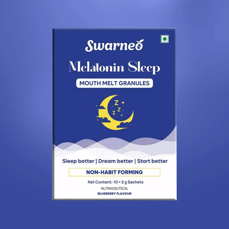 Swarneo Melatonin Mouth Melts Granules 10mg blueberry flavour sachets for fast-dissolving, convenient sleep support.