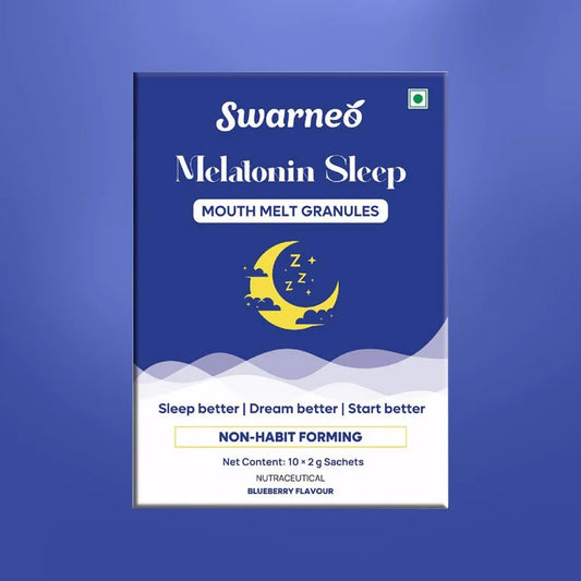Swarneo Melatonin Mouth Melts Granules 10mg blueberry flavour sachets for fast-dissolving, convenient sleep support.