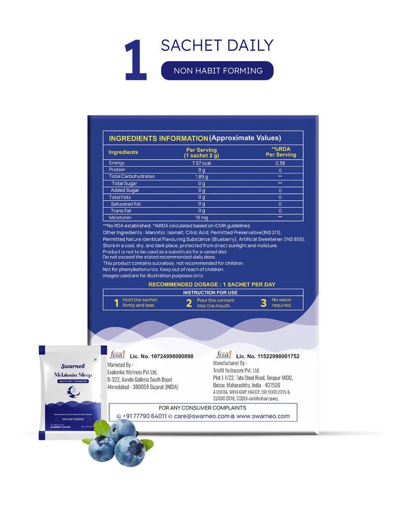 A product information graphic for Swarneo Melatonin 10mg Sachet Daily. Ingredient and dosage information, blueberries
