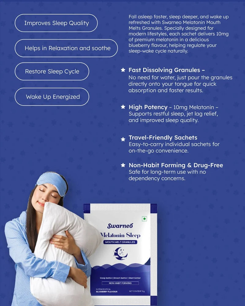 Swarneo Melatonin 10mg, Promotional image of Swarneo Melatonin Sleep with a woman sleeping and product packaging on a blue background.
