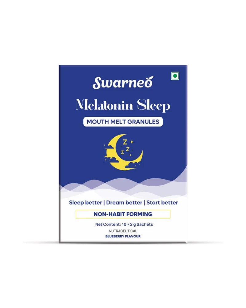 A box of Swarneo Melatonin Sleep Mouth Melt Granules, featuring a blue and white design with a yellow crescent moon and sleeping star graphic, on a white background.