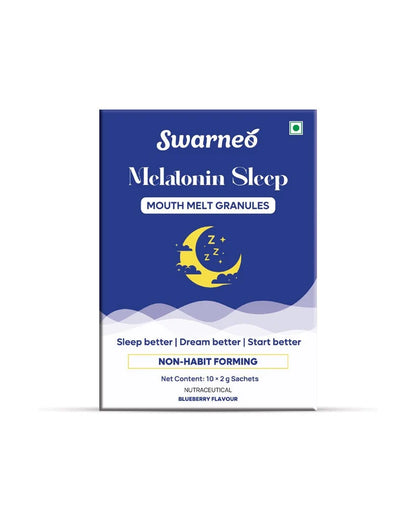 A box of Swarneo Melatonin Sleep Mouth Melt Granules, featuring a blue and white design with a yellow crescent moon and sleeping star graphic, on a white background.