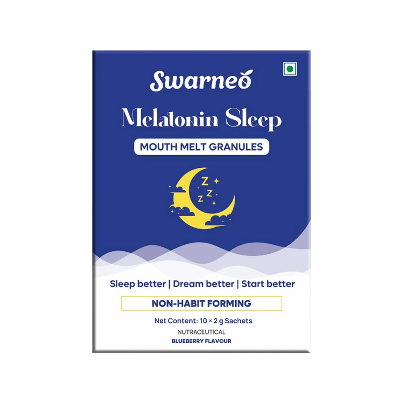 Swarneed Melatonin Sleep Mouth Melt Granules packaging box in blue and white with a yellow crescent moon graphic, shown on a plain white background.