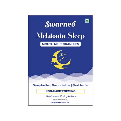 Swarneed Melatonin Sleep Mouth Melt Granules packaging box in blue and white with a yellow crescent moon graphic, shown on a plain white background.