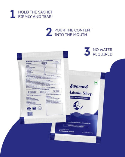 Instruction - How to use Swarneo Melatonin 10mg, Sleep with melt granules, with three steps.