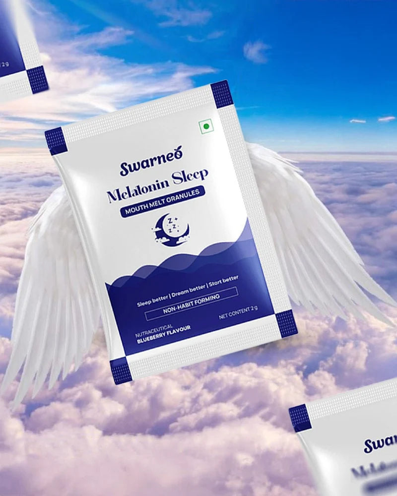 Swarneo Melatonin Sleep package with wings against a blue sky and clouds