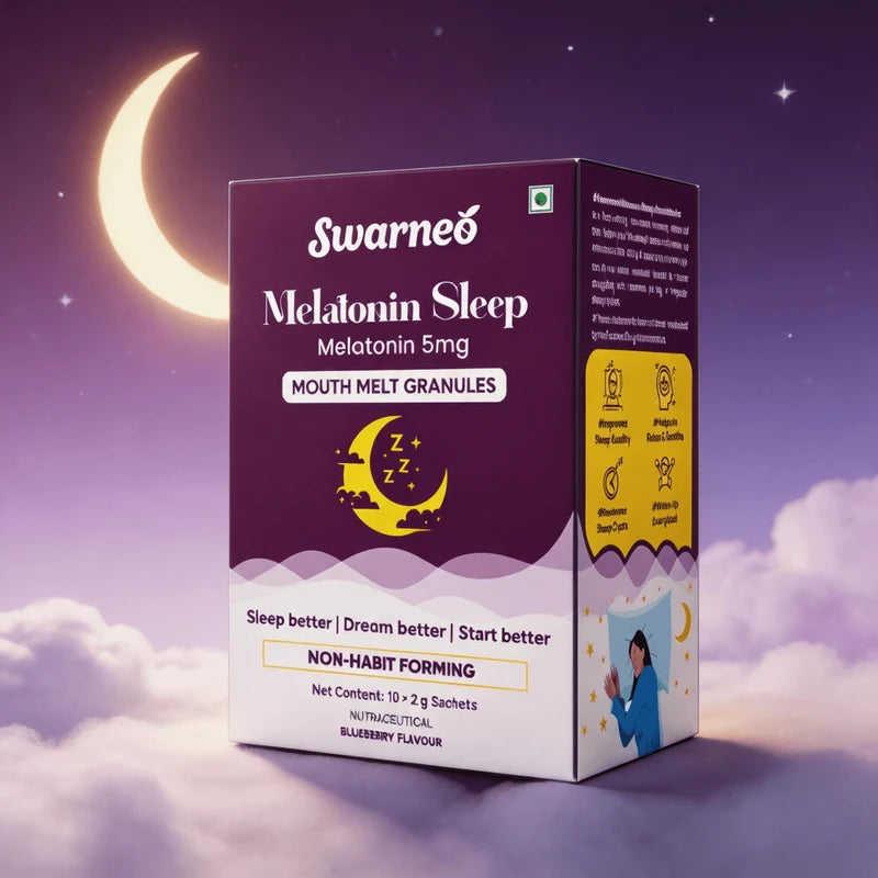 Swarneo Melatonin Mouth Melts Granules 5mg in blueberry flavour, fast-dissolving sleep support sachets designed to promote restful sleep and a refreshed morning.