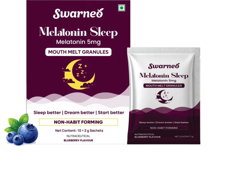 Swarneo Melatonin Sleep supplement packaging with purple and white design, featuring 5mg melatonin sleep support, displayed on a clean white background.