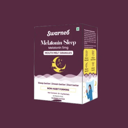 Swarneo Melatonin Sleep supplement packaging for sleep support on a purple background.