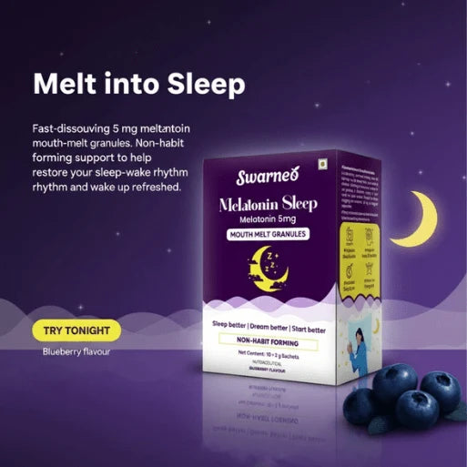 Swarneo Melatonin Sleep Supplement packaging with blueberry flavour, featuring blueberries on a purple background.